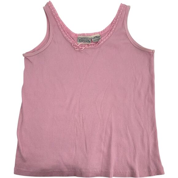 VTG y2k womens pink Basic Editions dainty coquette ribbon bow ribbed tank top XL - Picture 1 of 6